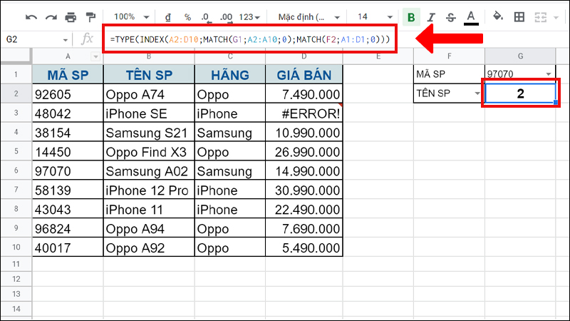 Kết hợp hàm MATCH và hàm TYPE